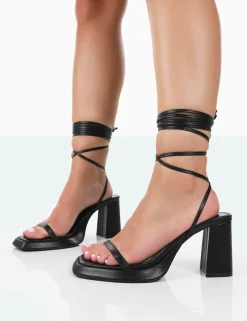 Public Desire Jaipur Grain Pu Strappy Squared Toe Mid Heels Black Best
