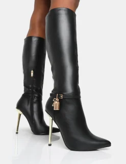 Public Desire Jayden Pu Padlock Detail Pointed Toe Gold Stiletto Heel Knee High Boots Black Best