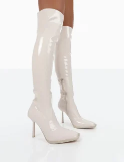Public Desire Jenine Ecru Patent Over The Knee Stiletto Heeled Boots White Flash Sale