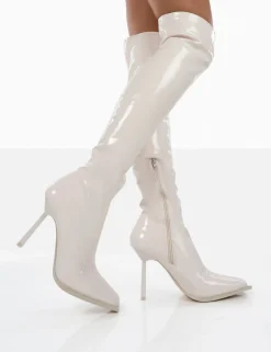 Public Desire Jenine Ecru Patent Over The Knee Stiletto Heeled Boots White Flash Sale