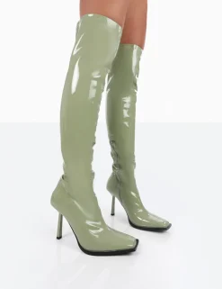 Public Desire Jenine Patent Over The Knee Stiletto Heeled Boots Green Cheap