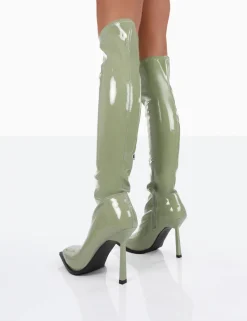 Public Desire Jenine Patent Over The Knee Stiletto Heeled Boots Green Cheap