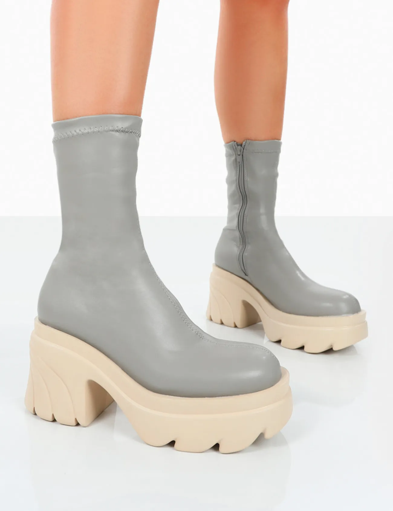 Public Desire Jennie Pu Platform Chunky Sole Heeled Ankle Boots Grey Outlet