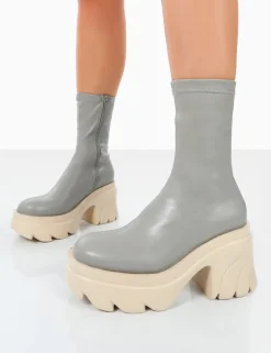 Public Desire Jennie Pu Platform Chunky Sole Heeled Ankle Boots Grey Outlet