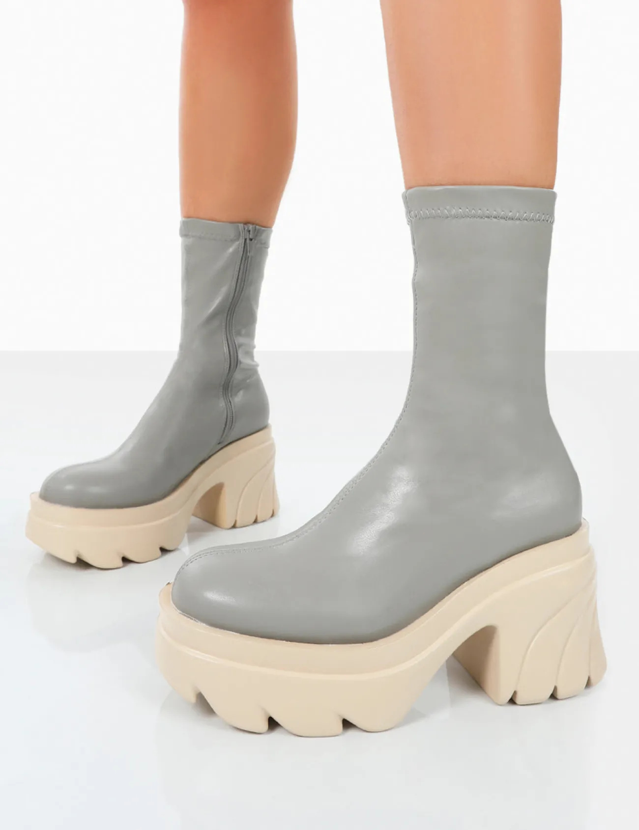 Public Desire Jennie Pu Platform Chunky Sole Heeled Ankle Boots Grey Outlet