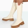 Public Desire Jersey Pu Contrasting Chunky Sole Knee High Boots Ecru Sale