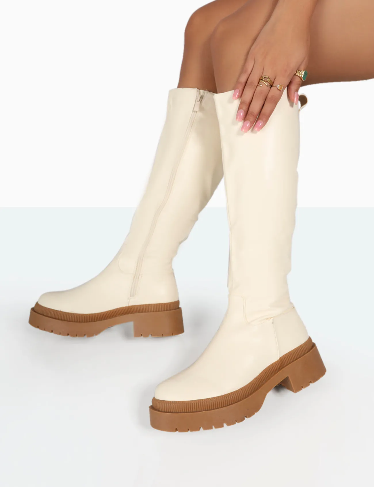 Public Desire Jersey Pu Contrasting Chunky Sole Knee High Boots Ecru Sale