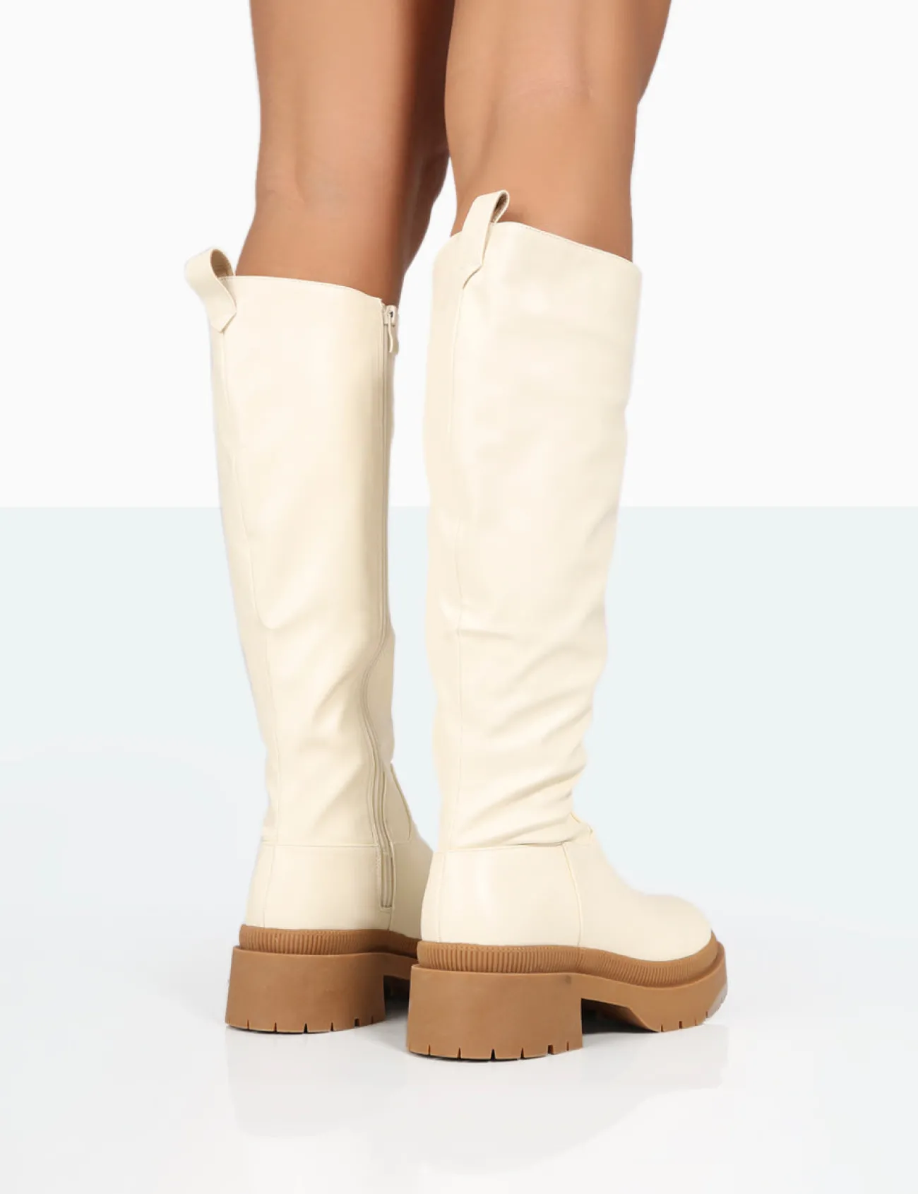 Public Desire Jersey Pu Contrasting Chunky Sole Knee High Boots Ecru Sale