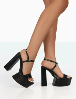 Public Desire Jesse Croc Platform Block High Heels Black Store