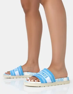 Public Desire Jet Set Embroidered Mykonos Print Slider Sandals Blue Cheap