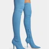 Public Desire Jodie Denim Seam Detail Pointed Toe Stiletto Thigh High Boots Blue Cheap