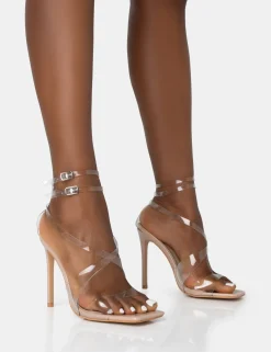 Public Desire Jojo Patent Cut Out Perspex Strap Square Toe Stiletto Heels Nude Cheap