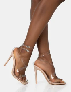 Public Desire Jojo Patent Cut Out Perspex Strap Square Toe Stiletto Heels Nude Cheap