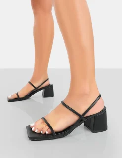 Public Desire Just Realise Wide Fit Pu Strappy Square Toe Mid Block Heeled Sandals Black New