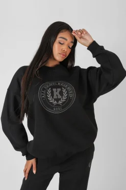 Public Desire Kaiia Oversized Tonal Embroidered Sweatshirt Black New