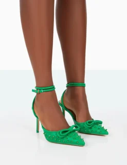 Public Desire Karlie Pu Bow Studded Pointed Toe Stiletto Court Heels Green Cheap
