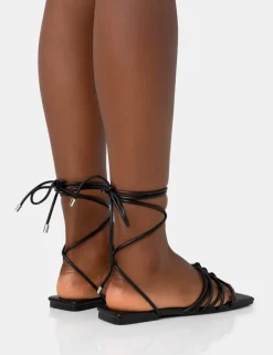 Public Desire Kelly Pu Lace Up Flat Square Toe Sandals Black Online