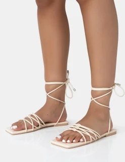 Public Desire Kelly Pu Lace Up Flat Square Toe Sandals Ecru Shop
