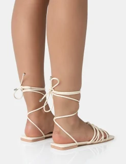 Public Desire Kelly Pu Lace Up Flat Square Toe Sandals Ecru Shop