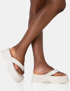 Public Desire Kiko Ecru Padded Flip Flop Strap Platform Sandals New