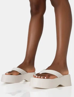 Public Desire Kiko Ecru Padded Flip Flop Strap Platform Sandals New