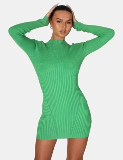 Public Desire Knitted High Neck Long Sleeve Contrast Stitch Mini Dress Green Store