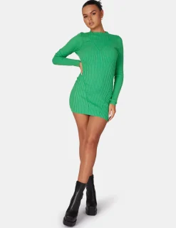 Public Desire Knitted High Neck Long Sleeve Contrast Stitch Mini Dress Green Store