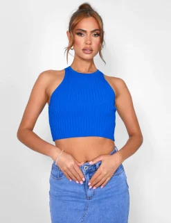 Public Desire Knitted Ribbed Racer Top Cobalt Blue New