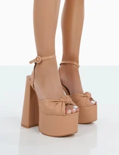 Public Desire Knot On Pu Knotted Platform High Heeled Sandals Nude Hot