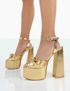 Public Desire Knot On Pu Knotted Platform High Heeled Sandals Gold Cheap