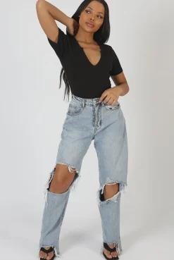 Public Desire Knotch Front Short Sleeve Ribbed Bodysuit Black Store