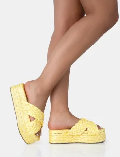 Public Desire Kos Raffia Cross Over Strap Slip On Flatform Sandals Yellow Store