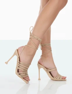 Public Desire Kristen Pu Square Toe Lace Up Stiletto Heels Nude Best Sale
