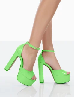 Public Desire Kylie Wide Fit Patent High Heel Peep Toe Platform Block Heels Lime Best Sale