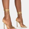 Public Desire Lacey Metallic Square Toe Strappy Lace Up Stiletto Heels Gold Discount