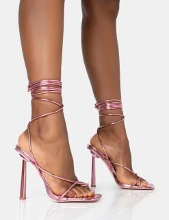 Public Desire Lacey Metallic Square Toe Strappy Lace Up Stiletto Heels Pink New
