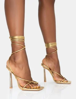Public Desire Lacey Metallic Square Toe Strappy Lace Up Stiletto Heels Gold Discount