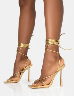 Public Desire Lacey Metallic Square Toe Strappy Lace Up Stiletto Heels Gold Discount