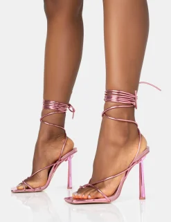 Public Desire Lacey Metallic Square Toe Strappy Lace Up Stiletto Heels Pink New