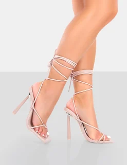 Public Desire Lacey Patent Square Toe Strappy Lace Up Stiletto Heels Pink Sale