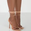 Public Desire Lacey Pu Square Toe Strappy Lace Up Stiletto Heels Nude New
