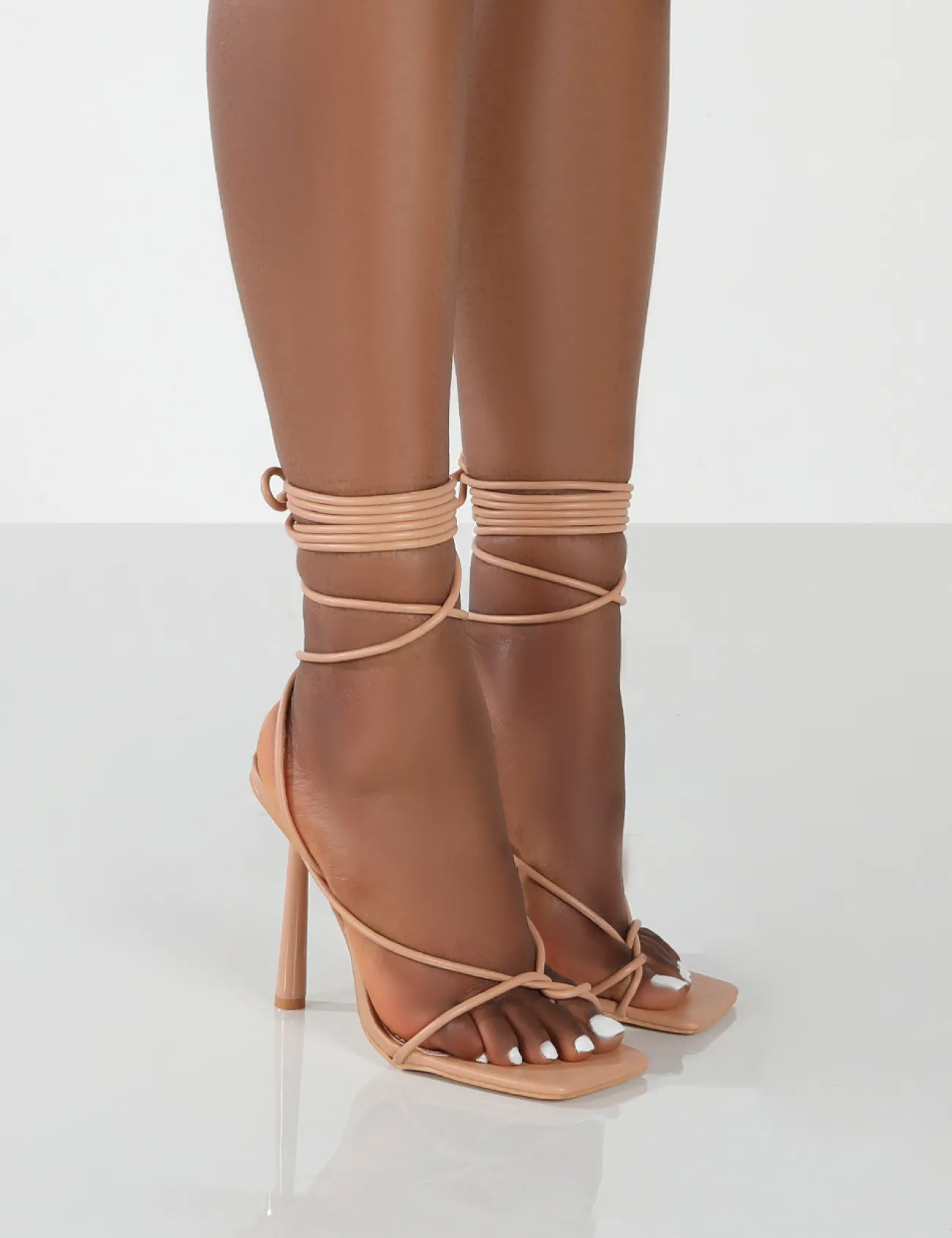 Public Desire Lacey Pu Square Toe Strappy Lace Up Stiletto Heels Nude New