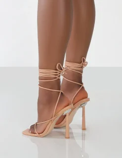 Public Desire Lacey Pu Square Toe Strappy Lace Up Stiletto Heels Nude New