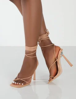 Public Desire Lacey Pu Square Toe Strappy Lace Up Stiletto Heels Nude New