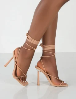 Public Desire Lacey Pu Square Toe Strappy Lace Up Stiletto Heels Nude New