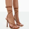 Public Desire Lacey Wide Fit Pu Square Toe Strappy Lace Up Stiletto Heels Toffee New