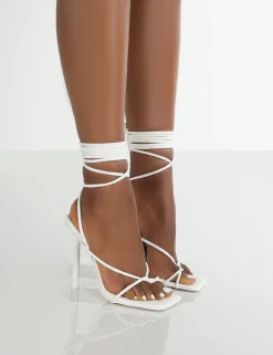 Public Desire Lacey Wide Fit Pu Square Toe Strappy Lace Up Heels White Fashion