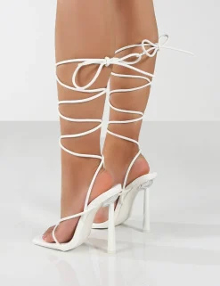 Public Desire Lacey Wide Fit Pu Square Toe Strappy Lace Up Heels White Fashion