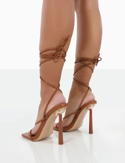 Public Desire Lacey Wide Fit Pu Square Toe Strappy Lace Up Stiletto Heels Toffee New