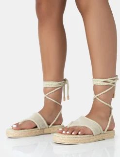 Public Desire Laguna Beach Towelling Flip Flop Raffia Sandals Cream New